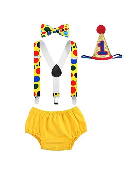 IBTOM CASTLE Baby Boys First Half Birthday Circus Cake Smash Clothes Diaper Bow Tie Suspender Clown Outfit Set W/Hat for Photography Party