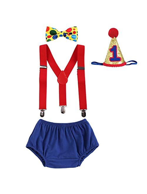 IBTOM CASTLE Baby Boys First Half Birthday Circus Cake Smash Clothes Diaper Bow Tie Suspender Clown Outfit Set W/Hat for Photography Party