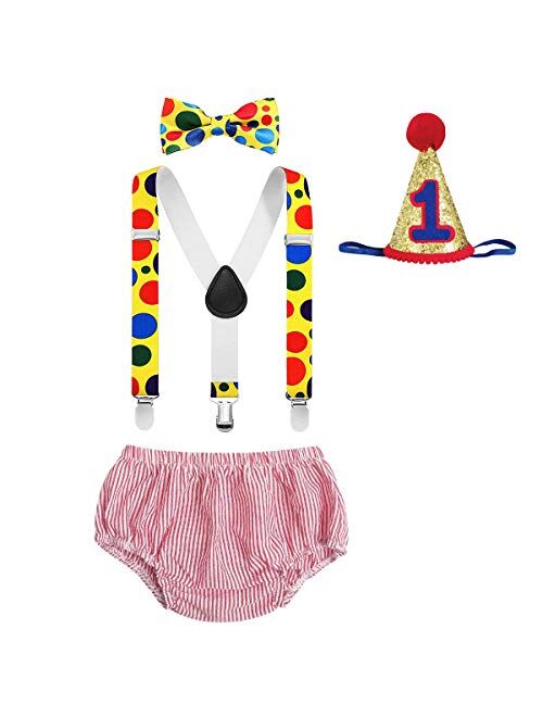 IBTOM CASTLE Baby Boys First Half Birthday Circus Cake Smash Clothes Diaper Bow Tie Suspender Clown Outfit Set W/Hat for Photography Party