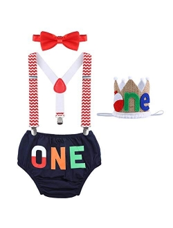 Baby Boys Cake Smash Outfits Wild One Crown for 1st 2nd Birthday Party 4PCS Shorts Bowtie Suspenders Headbands Clothes