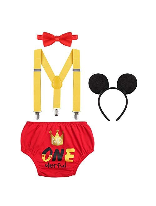 IBTOM CASTLE Baby Boys Cake Smash Outfits Wild One Crown for 1st 2nd Birthday Party 4PCS Shorts Bowtie Suspenders Headbands Clothes