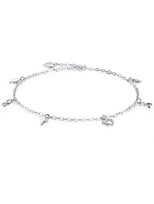 Billie Bijoux Women 925 Sterling Silver Infinity Anklet Large Bracelet Wish Bone Four Leaf Clover Heart Charm Adjustable Anklet 10.63‘’White Gold Plated Gift for Christma