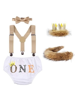 Baby Boys 1st/2nd Birthday Cake Smash Outfits Lion Wild One Crown Party Costume Shorts Bowtie Suspenders Tail