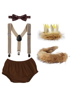 Baby Boys 1st/2nd Birthday Cake Smash Outfits Lion Wild One Crown Party Costume Shorts Bowtie Suspenders Tail