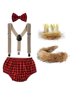 Baby Boys 1st/2nd Birthday Cake Smash Outfits Lion Wild One Crown Party Costume Shorts Bowtie Suspenders Tail