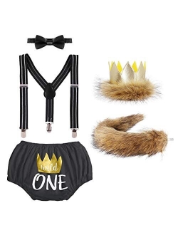 Baby Boys 1st/2nd Birthday Cake Smash Outfits Lion Wild One Crown Party Costume Shorts Bowtie Suspenders Tail