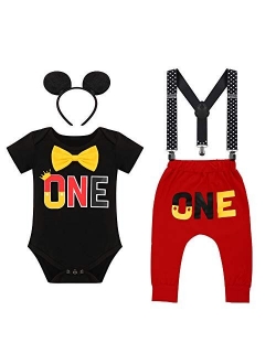 Baby Boys First Birthday Fancy Costume Cake Smash Outfits Suspenders Bloomers Bowtie Mouse Ear Photography Props 4PCS Set