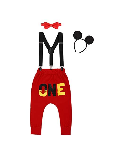 IBTOM CASTLE Baby Boys First Birthday Fancy Costume Cake Smash Outfits Suspenders Bloomers Bowtie Mouse Ear Photography Props 4PCS Set