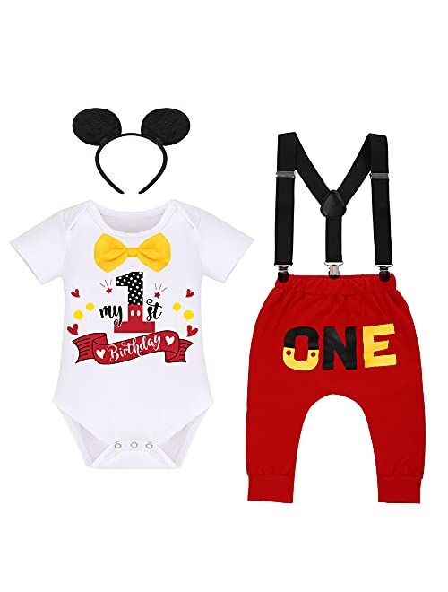 IBTOM CASTLE Baby Boys First Birthday Fancy Costume Cake Smash Outfits Suspenders Bloomers Bowtie Mouse Ear Photography Props 4PCS Set