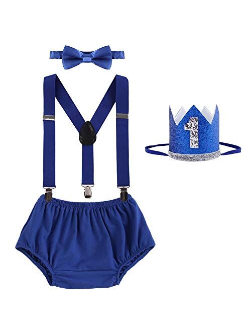 IBTOM CASTLE Baby Boy 1st Birthday Cake Smash Outfits Party Suspenders Diaper Nappy Cover Bow Tie Mouse Headband 4pcs Clothes Set