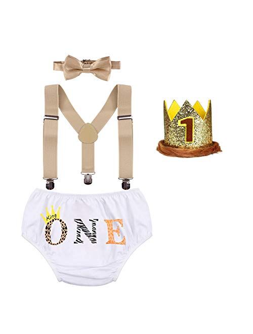 IBTOM CASTLE Baby Boy 1st Birthday Cake Smash Outfits Party Suspenders Diaper Nappy Cover Bow Tie Mouse Headband 4pcs Clothes Set