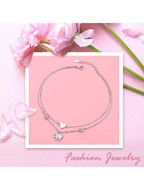 Flyow Anklet for Women S925 Sterling Silver Adjustable Foot Beaded Heart Charm Ankle Bracelet Anklets Jewelry