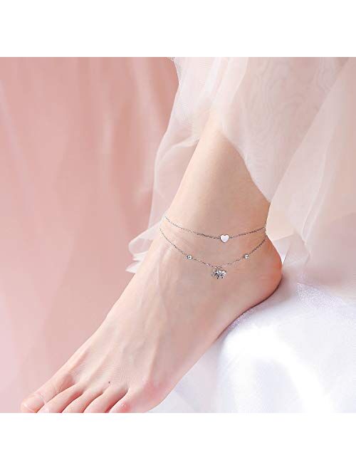 Flyow Anklet for Women S925 Sterling Silver Adjustable Foot Beaded Heart Charm Ankle Bracelet Anklets Jewelry