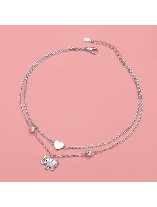 Flyow Anklet for Women S925 Sterling Silver Adjustable Foot Beaded Heart Charm Ankle Bracelet Anklets Jewelry