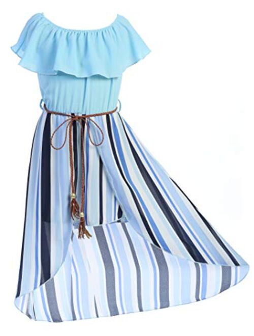 Girls Off Shoulder High Low Maxi Split Skirt Romper Casual Dress Summer Birthday Jumpsuits USA 4-14