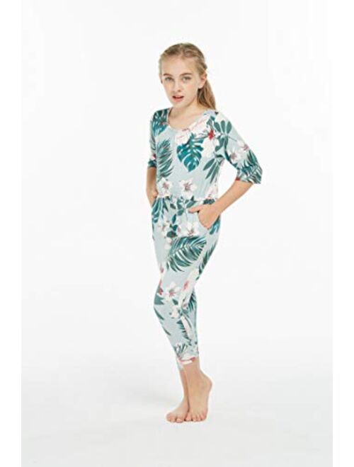 Girl Hawaiian Half Sleeve Stretchy Jumpsuit Romper in Mint Forest