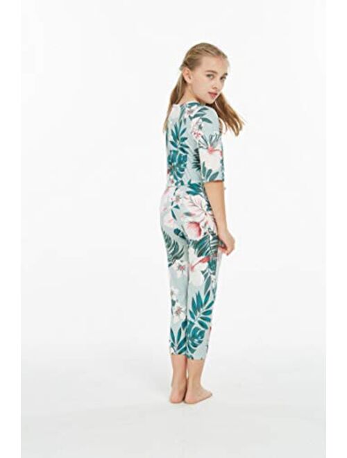 Girl Hawaiian Half Sleeve Stretchy Jumpsuit Romper in Mint Forest