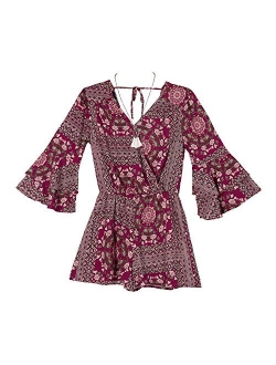 Girls' 3/4 Bell Sleeve Romper with Necklace