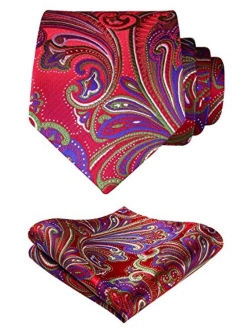 Paisley Ties for Men Classic Extra Long Floral Tie and Pocket Square Formal Silk Necktie Handkerchief Set Wedding