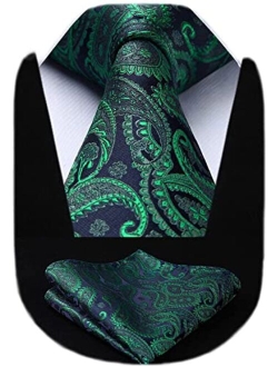 Paisley Ties for Men Classic Extra Long Floral Tie and Pocket Square Formal Silk Necktie Handkerchief Set Wedding