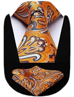 Paisley Ties for Men Classic Extra Long Floral Tie and Pocket Square Formal Silk Necktie Handkerchief Set Wedding