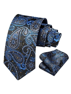 Paisley Ties for Men Classic Extra Long Floral Tie and Pocket Square Formal Silk Necktie Handkerchief Set Wedding