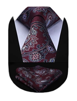 Paisley Ties for Men Classic Extra Long Floral Tie and Pocket Square Formal Silk Necktie Handkerchief Set Wedding