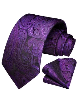 Paisley Ties for Men Classic Extra Long Floral Tie and Pocket Square Formal Silk Necktie Handkerchief Set Wedding