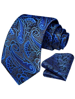 Paisley Ties for Men Classic Extra Long Floral Tie and Pocket Square Formal Silk Necktie Handkerchief Set Wedding