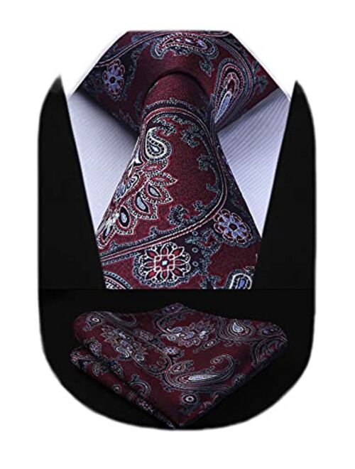 HISDERN Paisley Ties for Men Classic Extra Long Floral Tie and Pocket Square Formal Silk Necktie Handkerchief Set Wedding