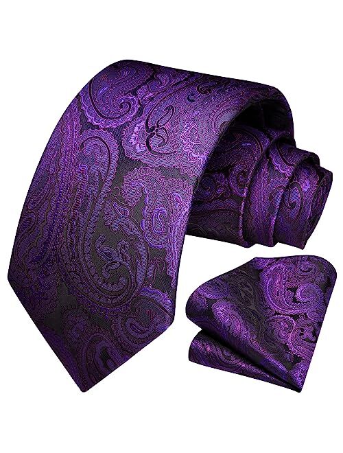 HISDERN Paisley Ties for Men Classic Extra Long Floral Tie and Pocket Square Formal Silk Necktie Handkerchief Set Wedding