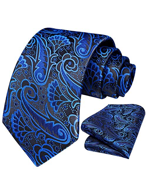 HISDERN Paisley Ties for Men Classic Extra Long Floral Tie and Pocket Square Formal Silk Necktie Handkerchief Set Wedding