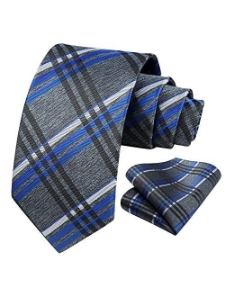 Plaid Striped Tie for Men, Men's Classic Tie Necktie Handkerchief, Woven Jacquard Neck Ties with Pocket Square