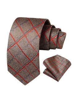 Plaid Striped Tie for Men, Men's Classic Tie Necktie Handkerchief, Woven Jacquard Neck Ties with Pocket Square