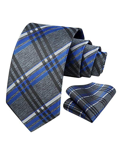 HISDERN Plaid Striped Tie for Men, Men's Classic Tie Necktie Handkerchief, Woven Jacquard Neck Ties with Pocket Square