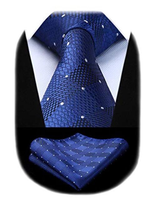 HISDERN Plaid Polka Dots Tie Handkerchief Woven Classic Check Men's Necktie & Pocket Square Set