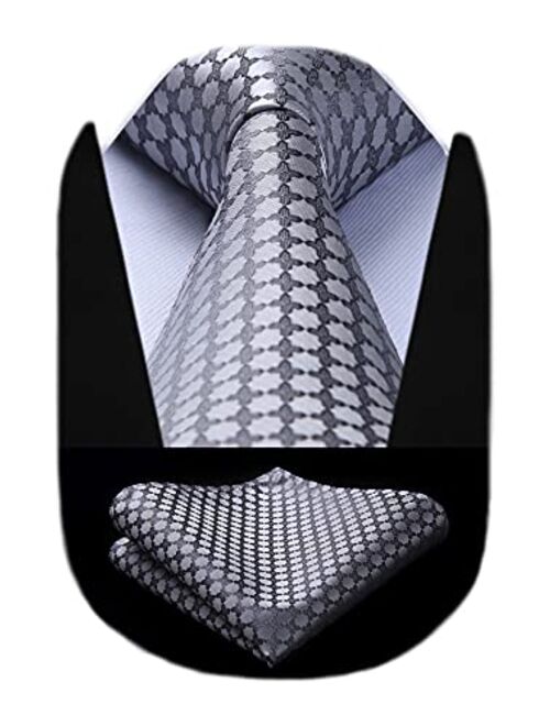 HISDERN Plaid Polka Dots Tie Handkerchief Woven Classic Check Men's Necktie & Pocket Square Set