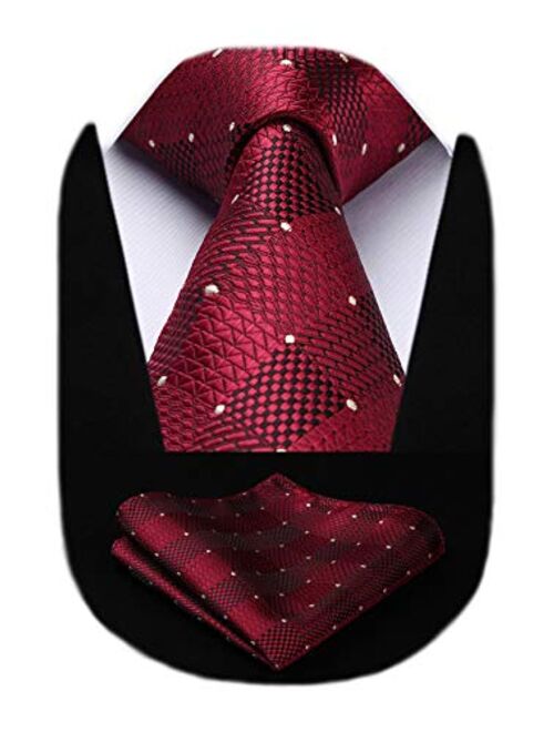 HISDERN Plaid Polka Dots Tie Handkerchief Woven Classic Check Men's Necktie & Pocket Square Set