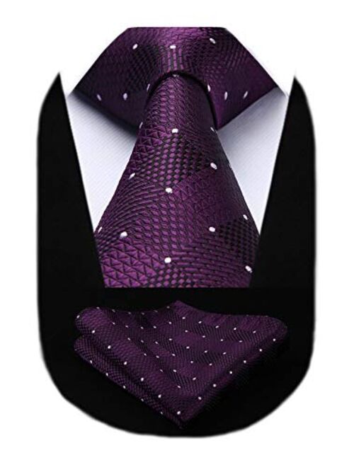 HISDERN Plaid Polka Dots Tie Handkerchief Woven Classic Check Men's Necktie & Pocket Square Set