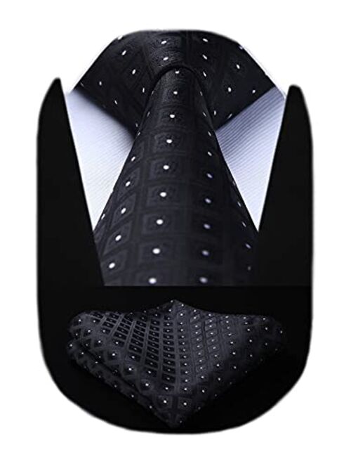 HISDERN Plaid Polka Dots Tie Handkerchief Woven Classic Check Men's Necktie & Pocket Square Set