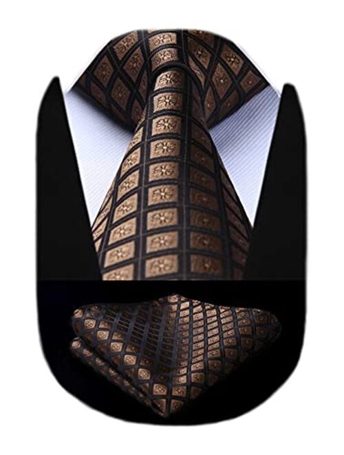 HISDERN Plaid Polka Dots Tie Handkerchief Woven Classic Check Men's Necktie & Pocket Square Set