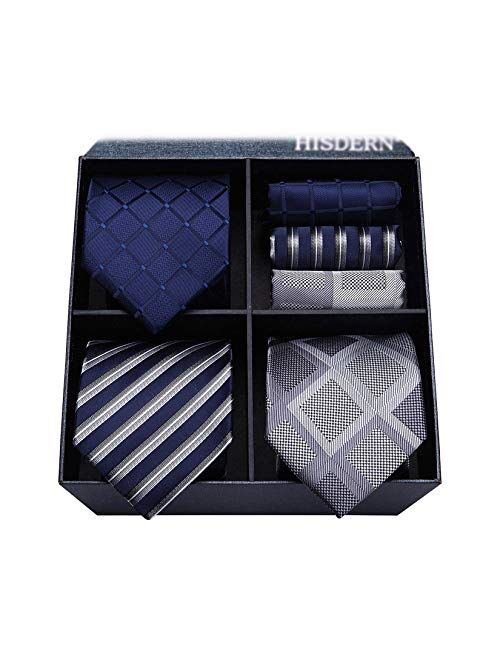 HISDERN Lot 3 PCS Classic Men's Tie Set Necktie & Pocket Square Elegant Neck Ties Collection