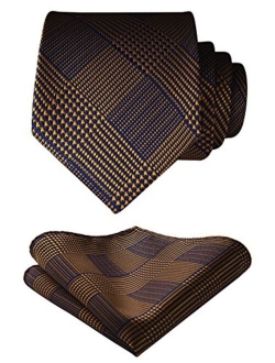 Mens Houndstooth Ties Woven Classic 3.4" Satin Necktie Set Formal Tie Pocket Suqare for Wedding Party with Handkerchief