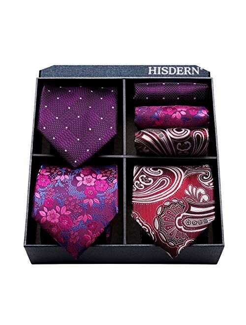 HISDERN 3 PCS Extra Long Tie Set, 63 Inch XL Necktie & Pocket Square + Gift Box