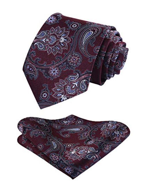 HISDERN Extra Long Floral Paisley Tie for Men Handkerchief Men's Necktie & Pocket Square Set