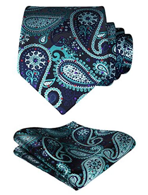 HISDERN Extra Long Floral Paisley Tie for Men Handkerchief Men's Necktie & Pocket Square Set