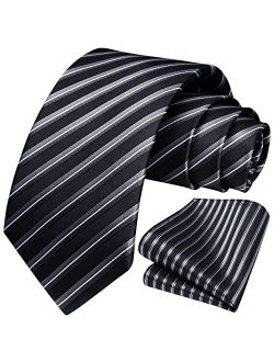 Stripe Tie Mens Ties and Pocket Square Set Classic 3.4'' Silk Formal Necktie Handkerchief for Business Wedding