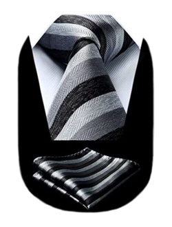 Stripe Tie Mens Ties and Pocket Square Set Classic 3.4'' Silk Formal Necktie Handkerchief for Business Wedding