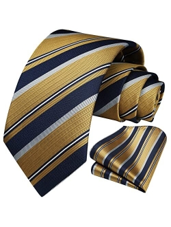 Stripe Tie Mens Ties and Pocket Square Set Classic 3.4'' Silk Formal Necktie Handkerchief for Business Wedding