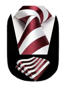 Stripe Tie Mens Ties and Pocket Square Set Classic 3.4'' Silk Formal Necktie Handkerchief for Business Wedding